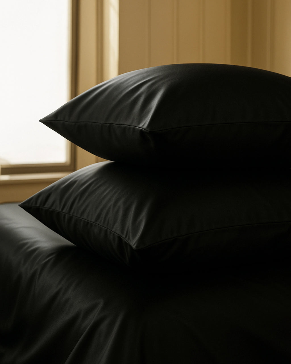 Black velour satin fitted sheets with two stacked pillows, showcasing modern elegance and comfort in a stylish bedroom setting.