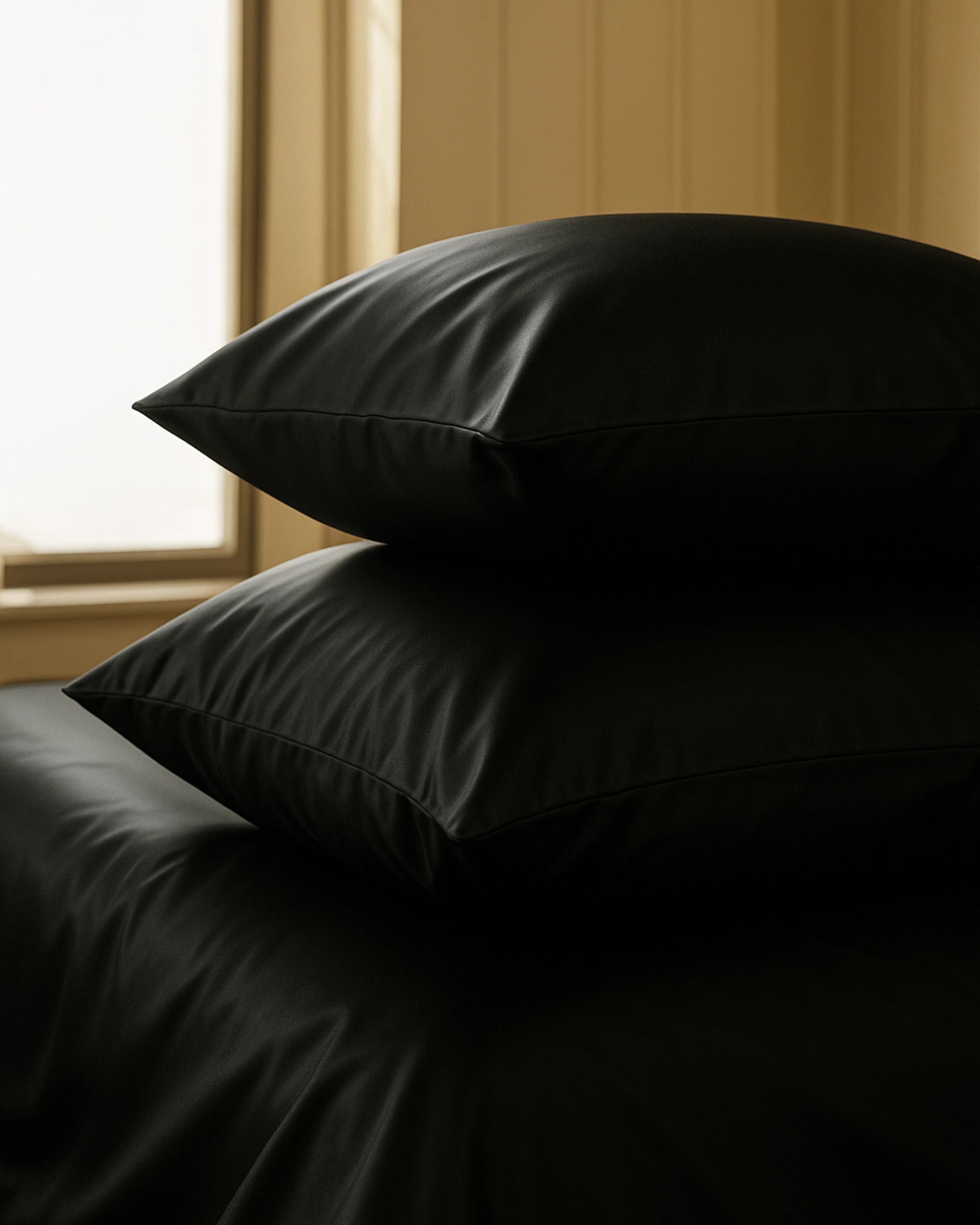 Black velour satin fitted sheets with two stacked pillows, showcasing modern elegance and comfort in a stylish bedroom setting.