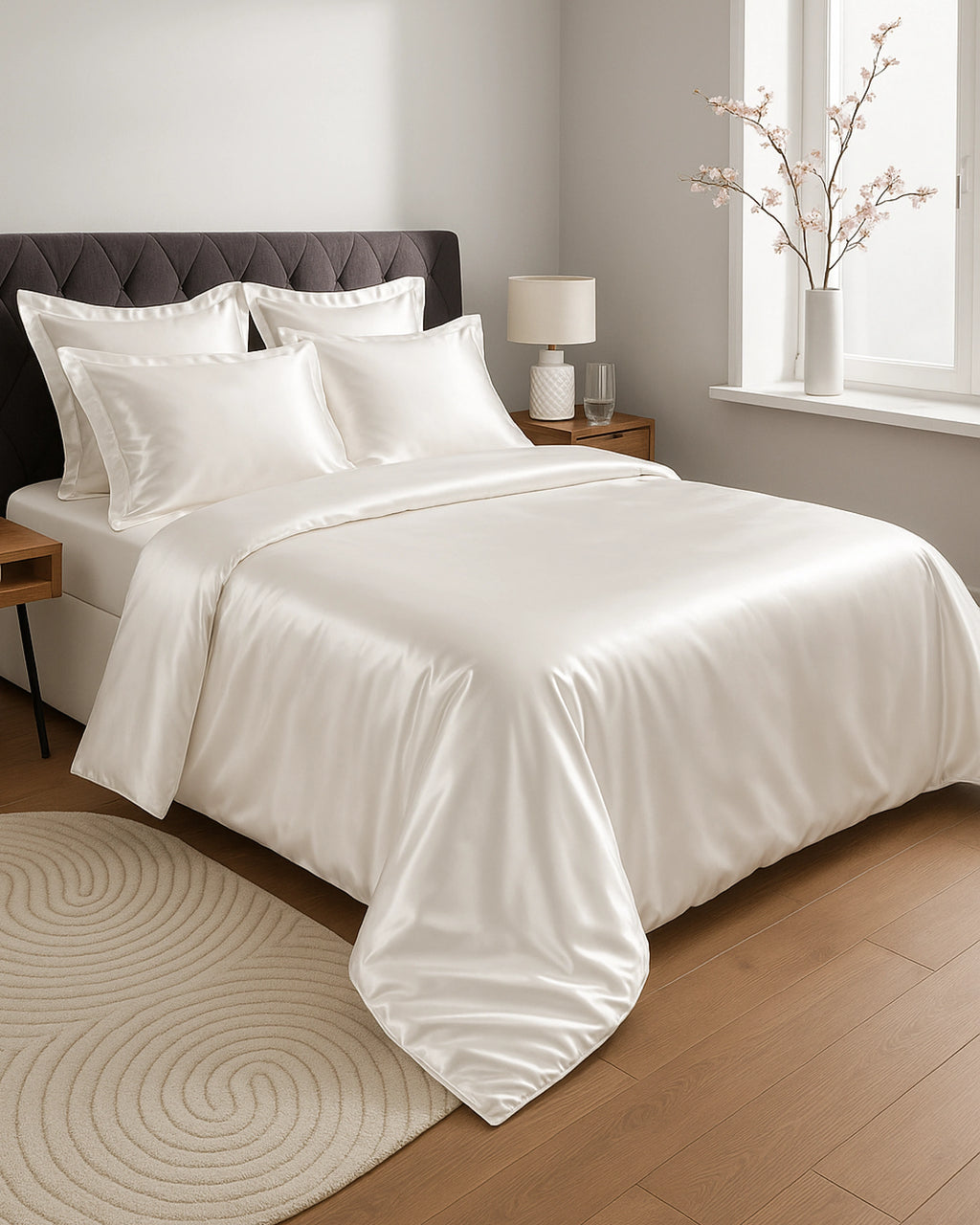 Soft and luxurious Frost White satin fitted sheet for a perfect night’s sleep.