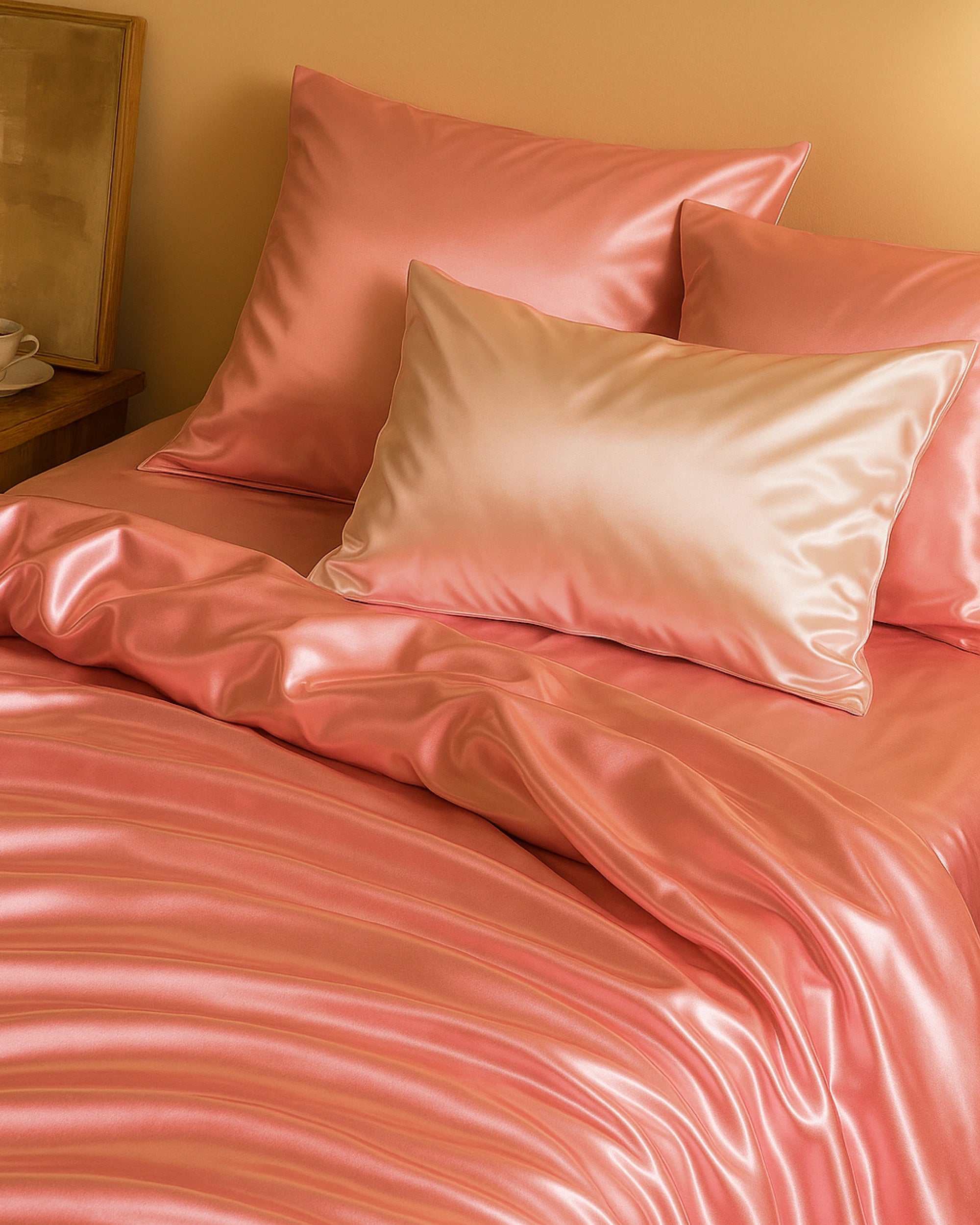 Elegant Blossom Pink satin fitted sheet designed for a chic and cozy bedroom look.
