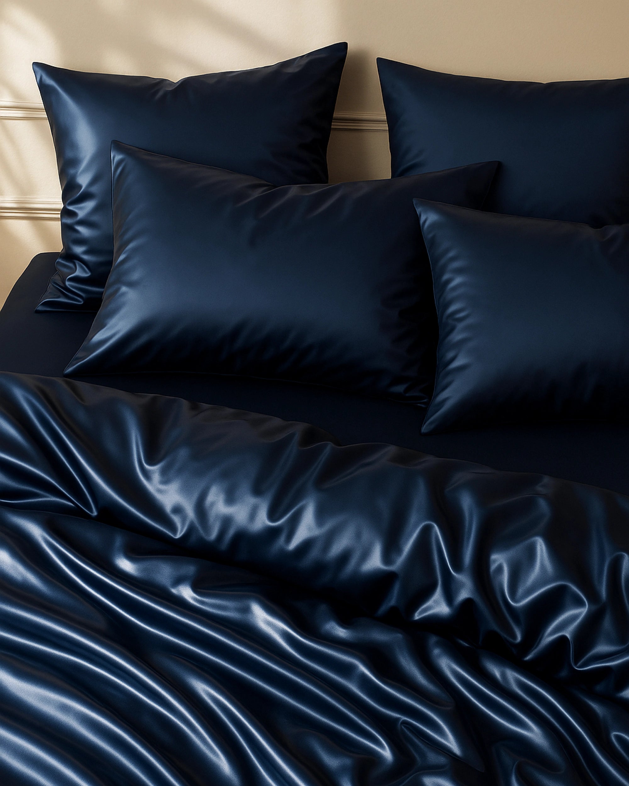Midnight blue satin bedding set featuring silky sheets and plush pillows for a luxurious sleep experience.