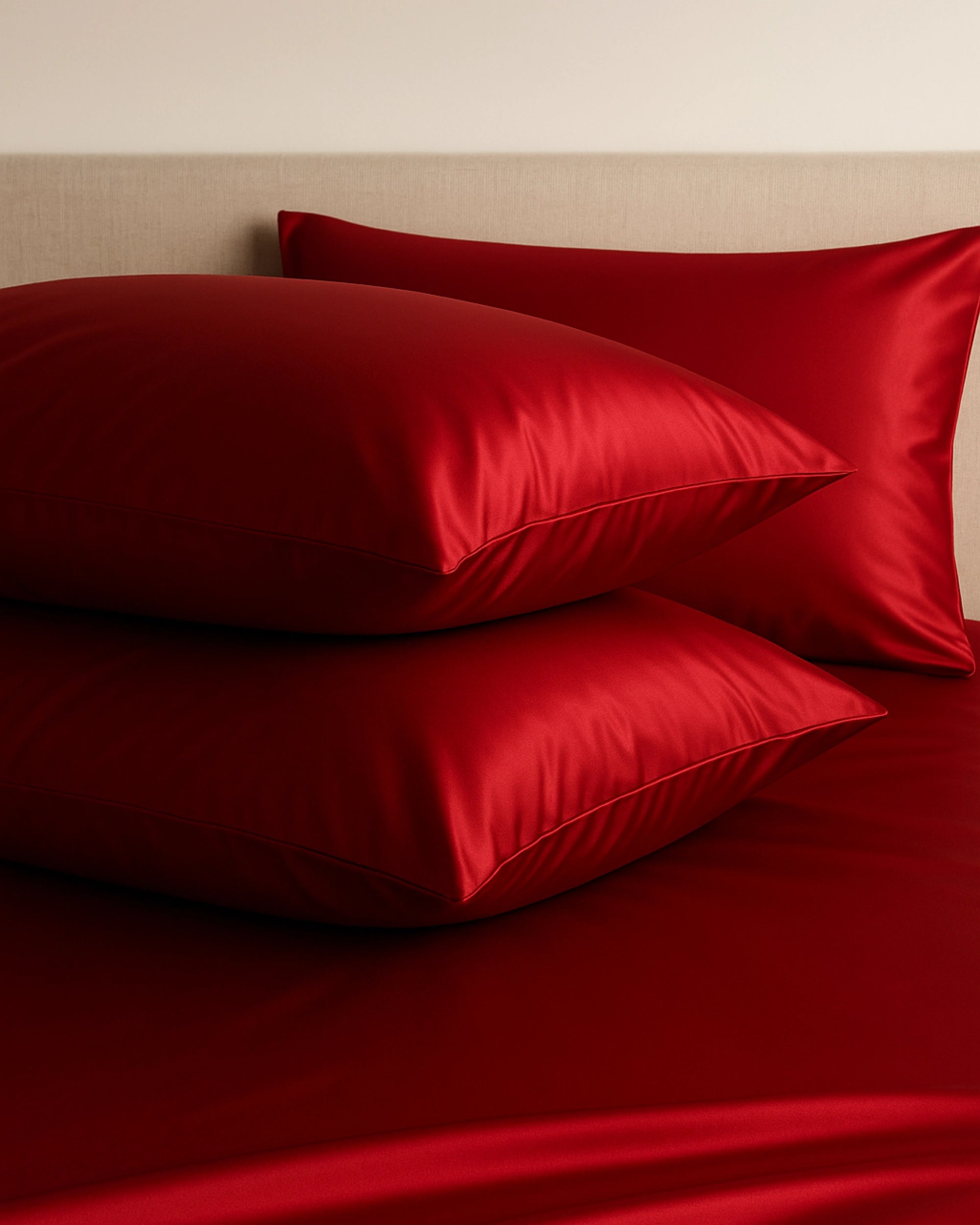 Soft and luxurious Imperial Red satin fitted sheet for a perfect night’s sleep.