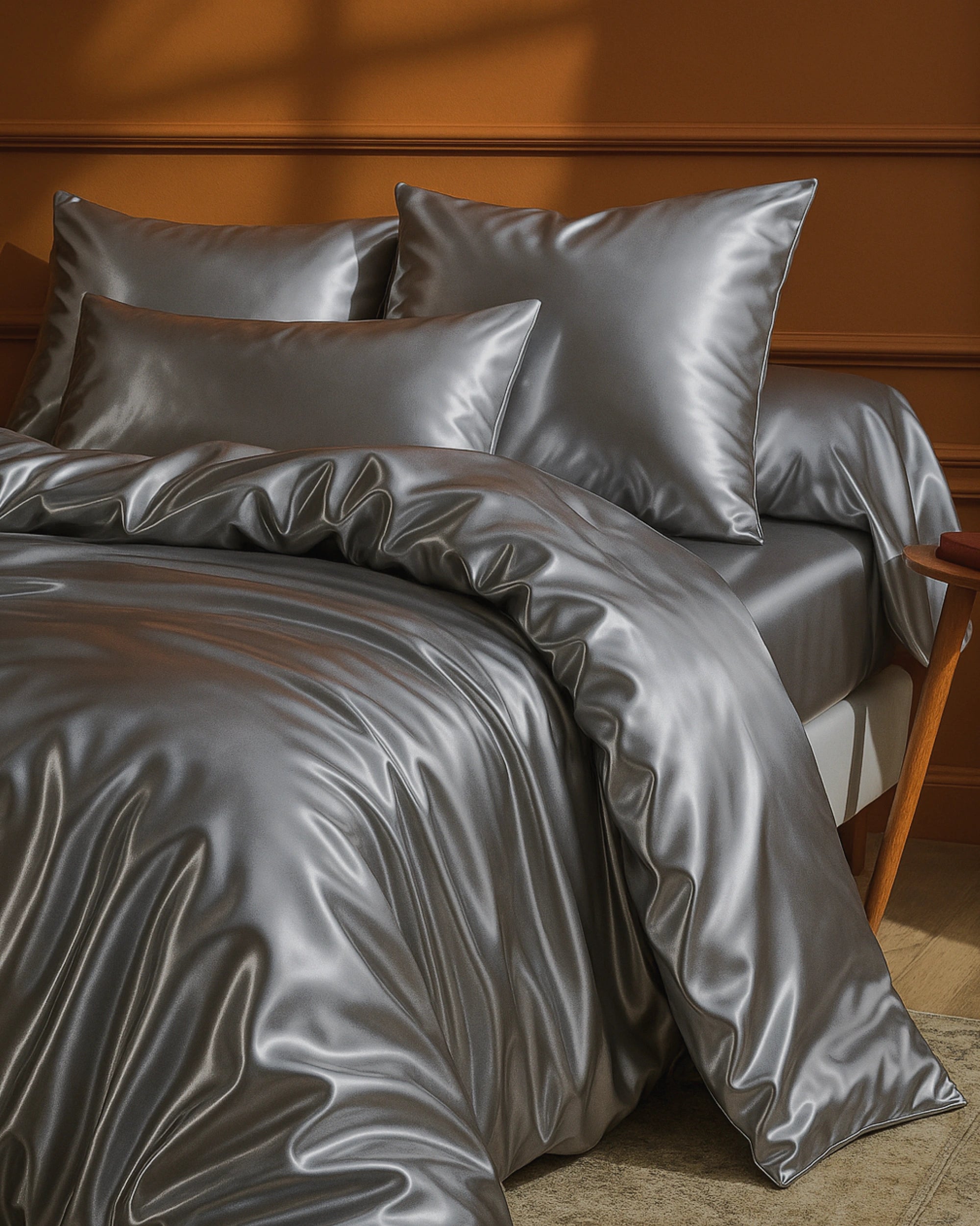 Moonlight Silver Satin Fitted Sheets with matching pillows on a stylish bed, showcasing a sleek and modern design.