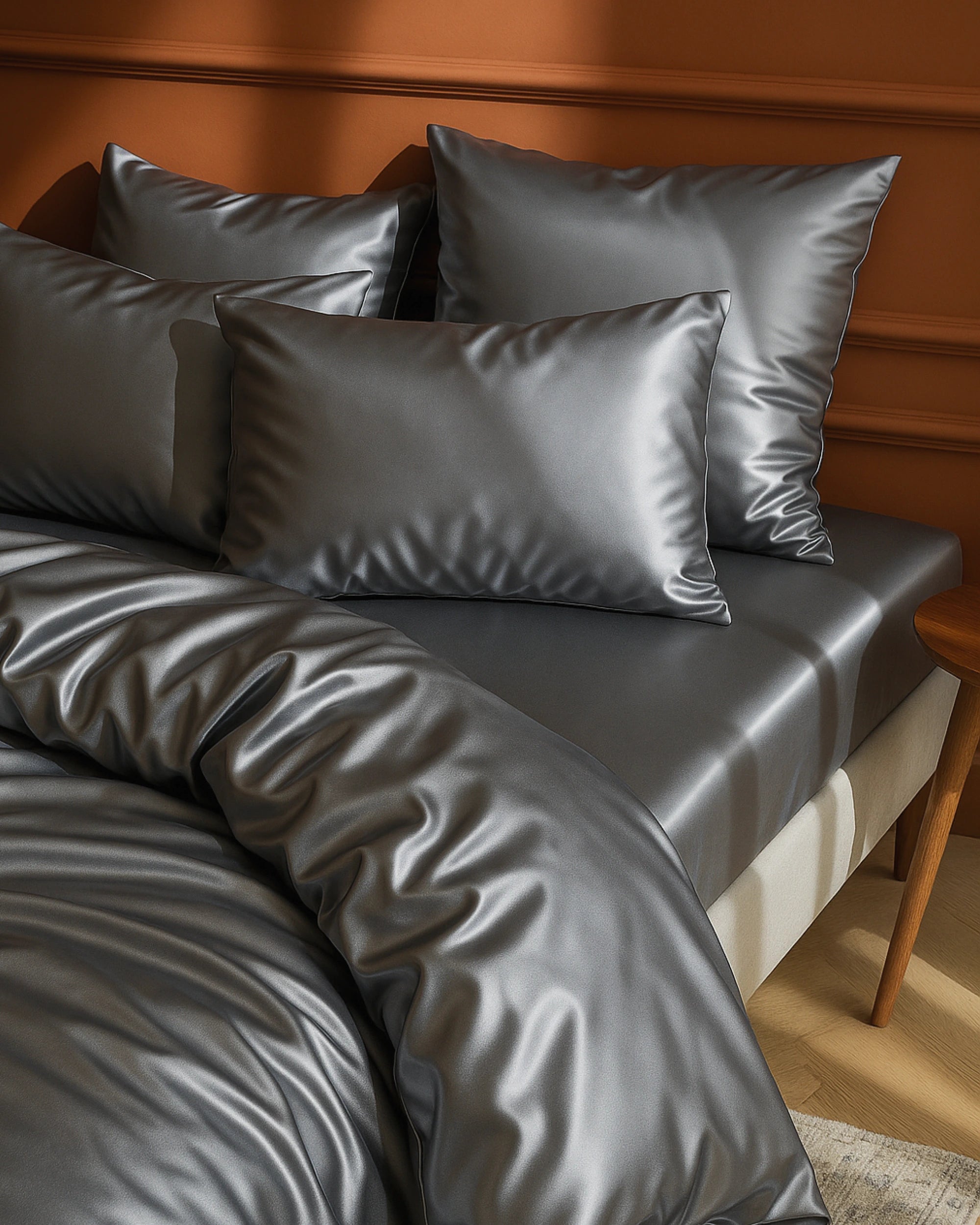 Moonlight Silver satin fitted sheets and pillows on a bed with a warm-toned wall background, showcasing modern elegance.