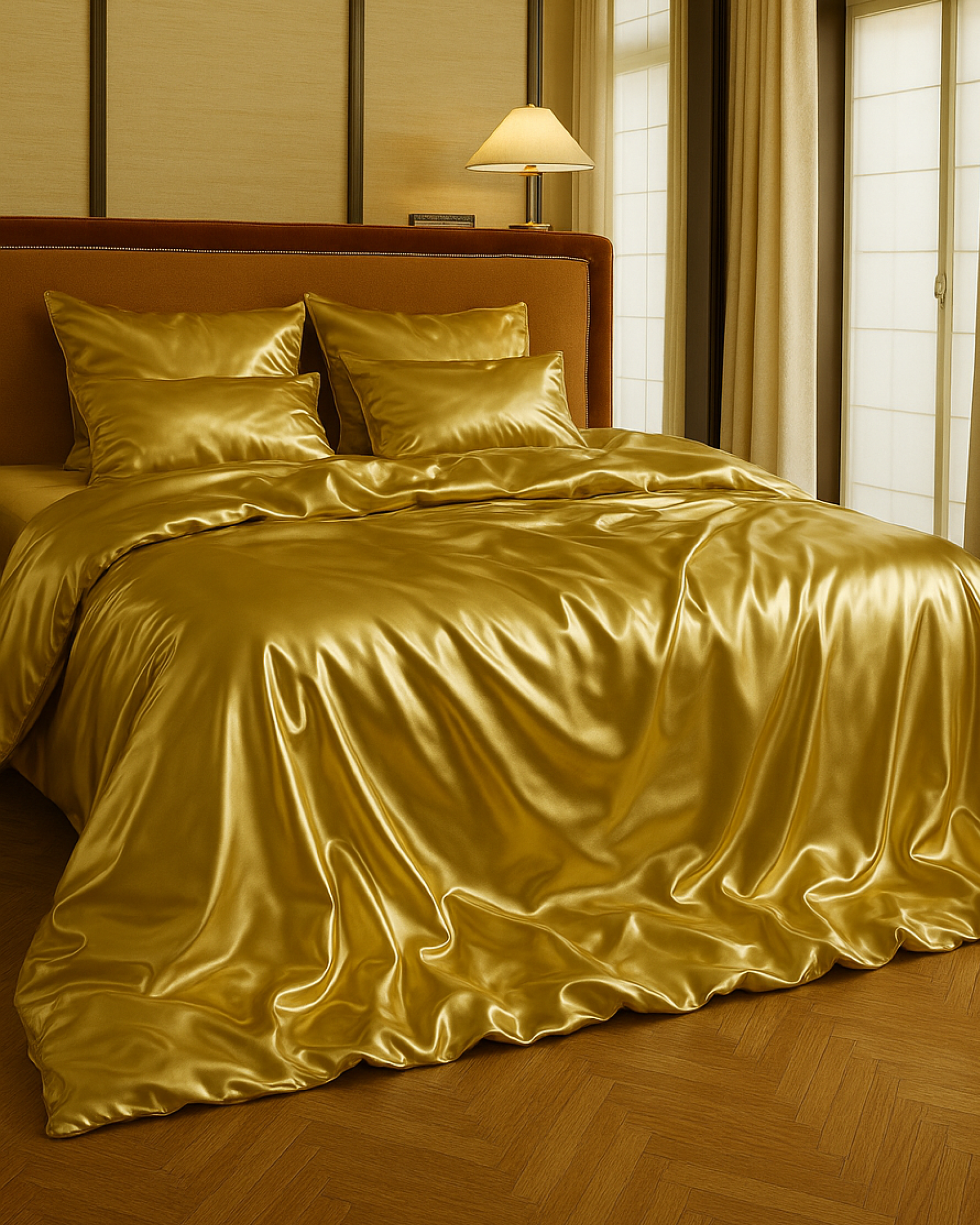 Royal Gold Satin Full Bedding Set featuring luxurious golden satin sheets and pillows in a stylish bedroom setting.