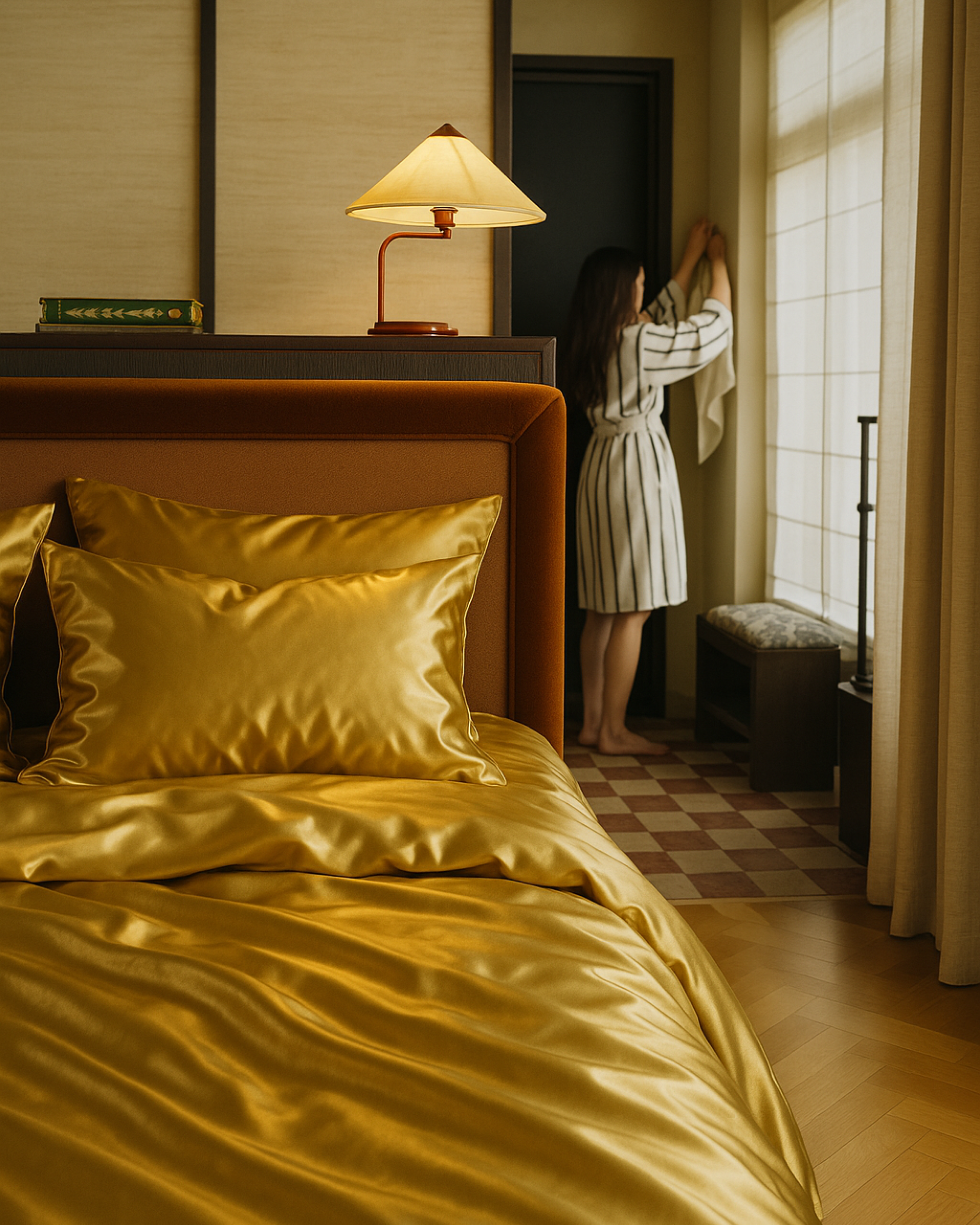 Royal Gold Satin Full Bedding Set on a bed, featuring smooth golden satin sheets and pillows in a stylish bedroom.