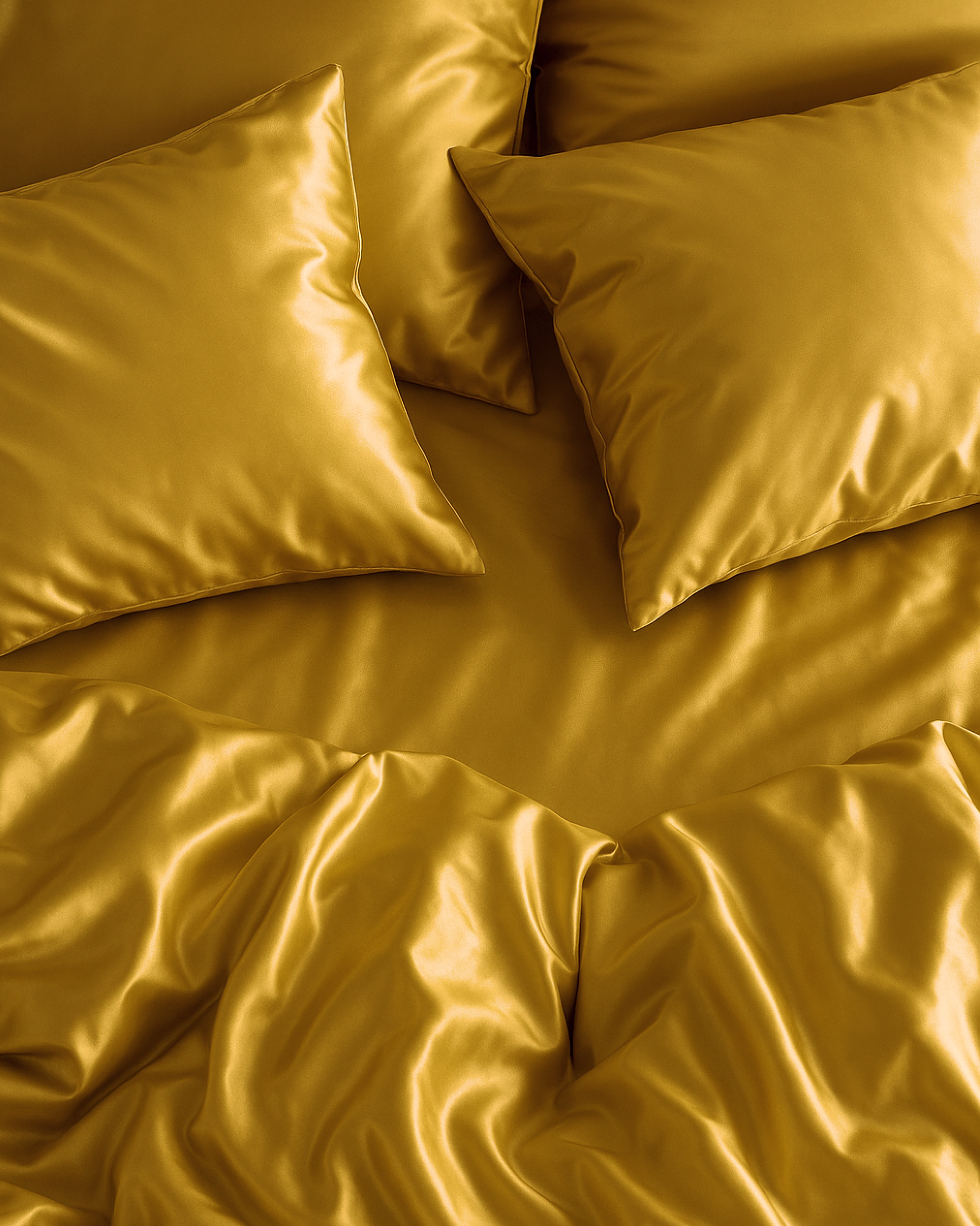Royal Gold Satin Full Bedding Set with smooth golden pillows and sheet, adding luxury and comfort to any bedroom.