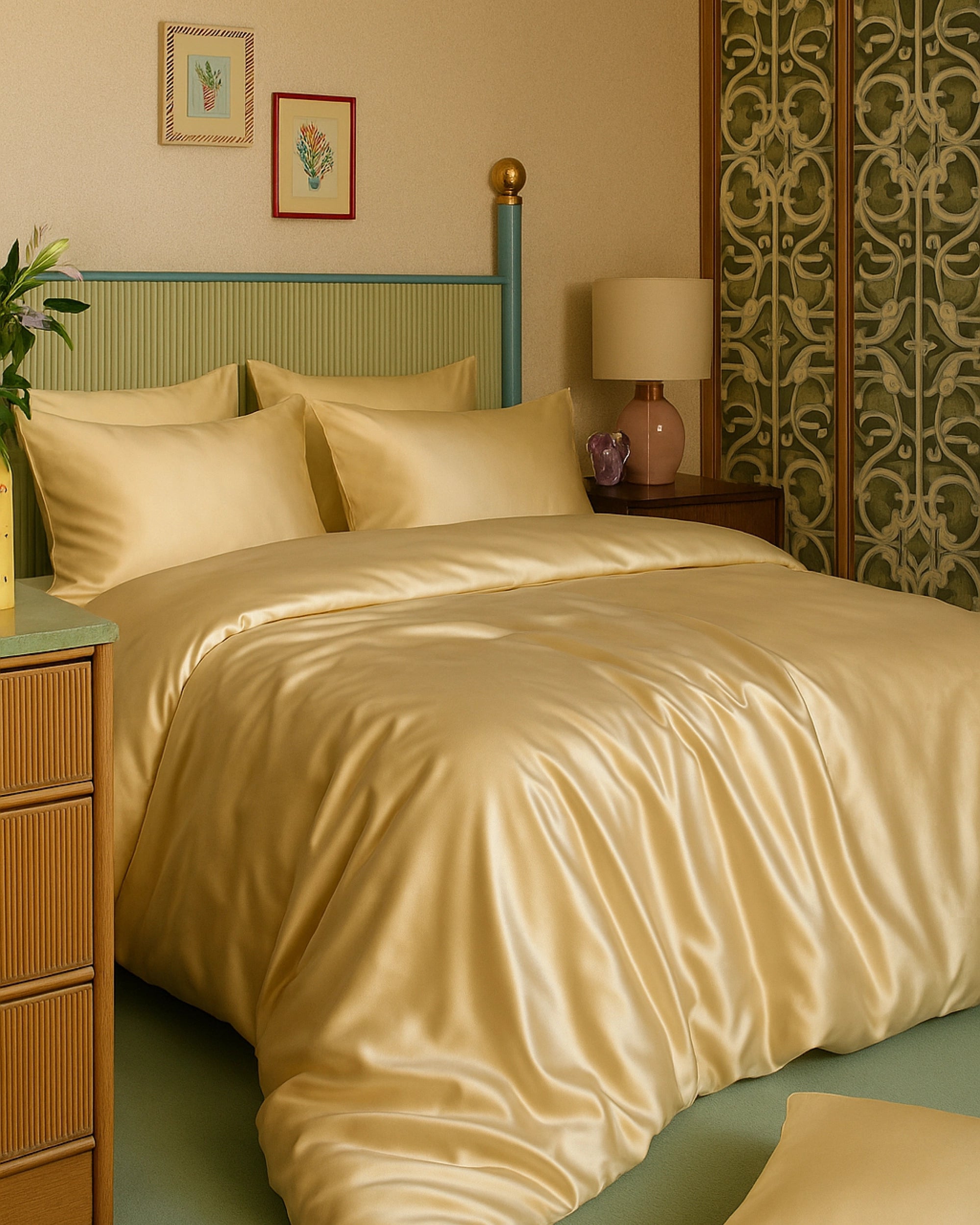 Elegant beige satin fitted sheets on a stylish bed, enhancing a warm and inviting bedroom decor.