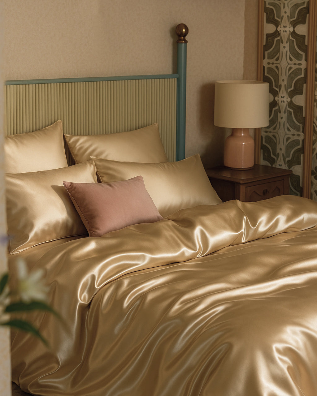 Luxurious beige satin fitted sheets on a stylish bed with soft pillows and warm lighting.