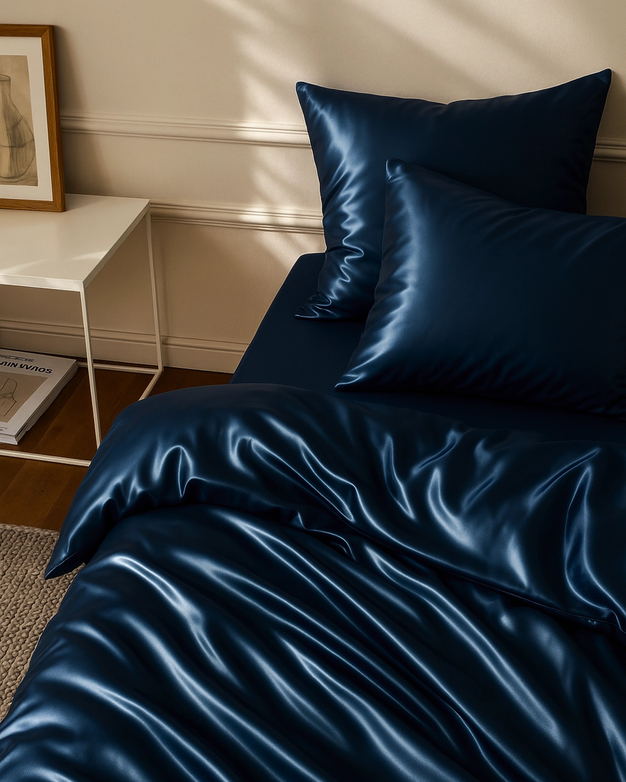 Midnight blue satin duvet cover and matching pillows enhancing a luxurious bedroom decor.