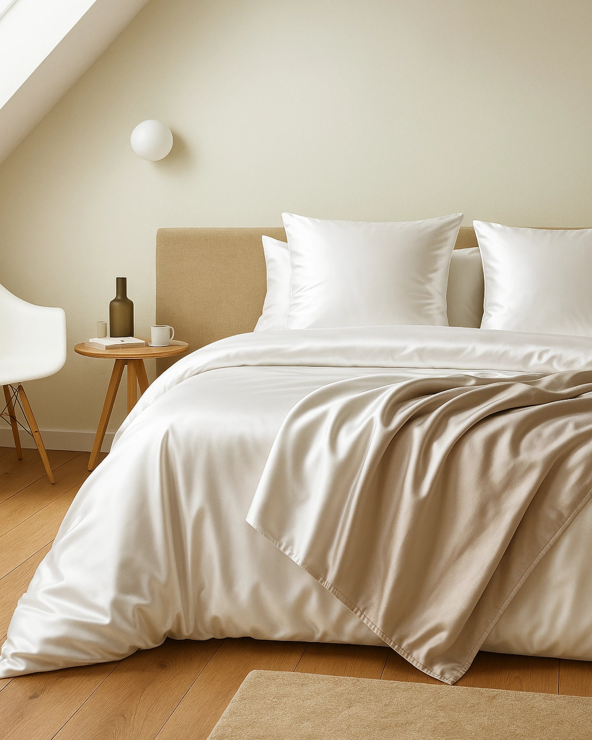 Silky smooth Frost White satin fitted sheet combining style, comfort, and restful sleep.