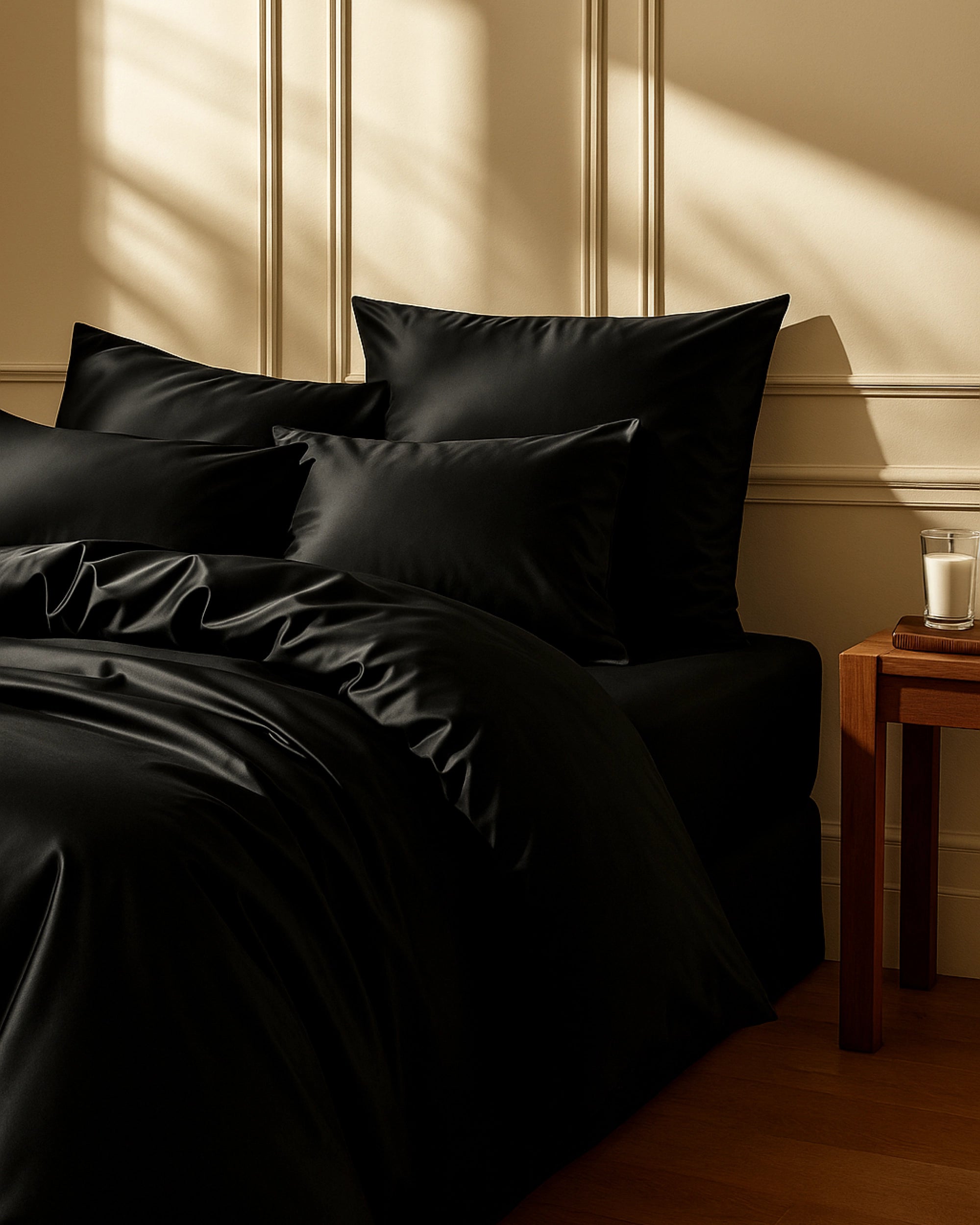 Luxurious black velour satin fitted sheets with matching pillows on a bed, adding modern elegance to the bedroom decor.