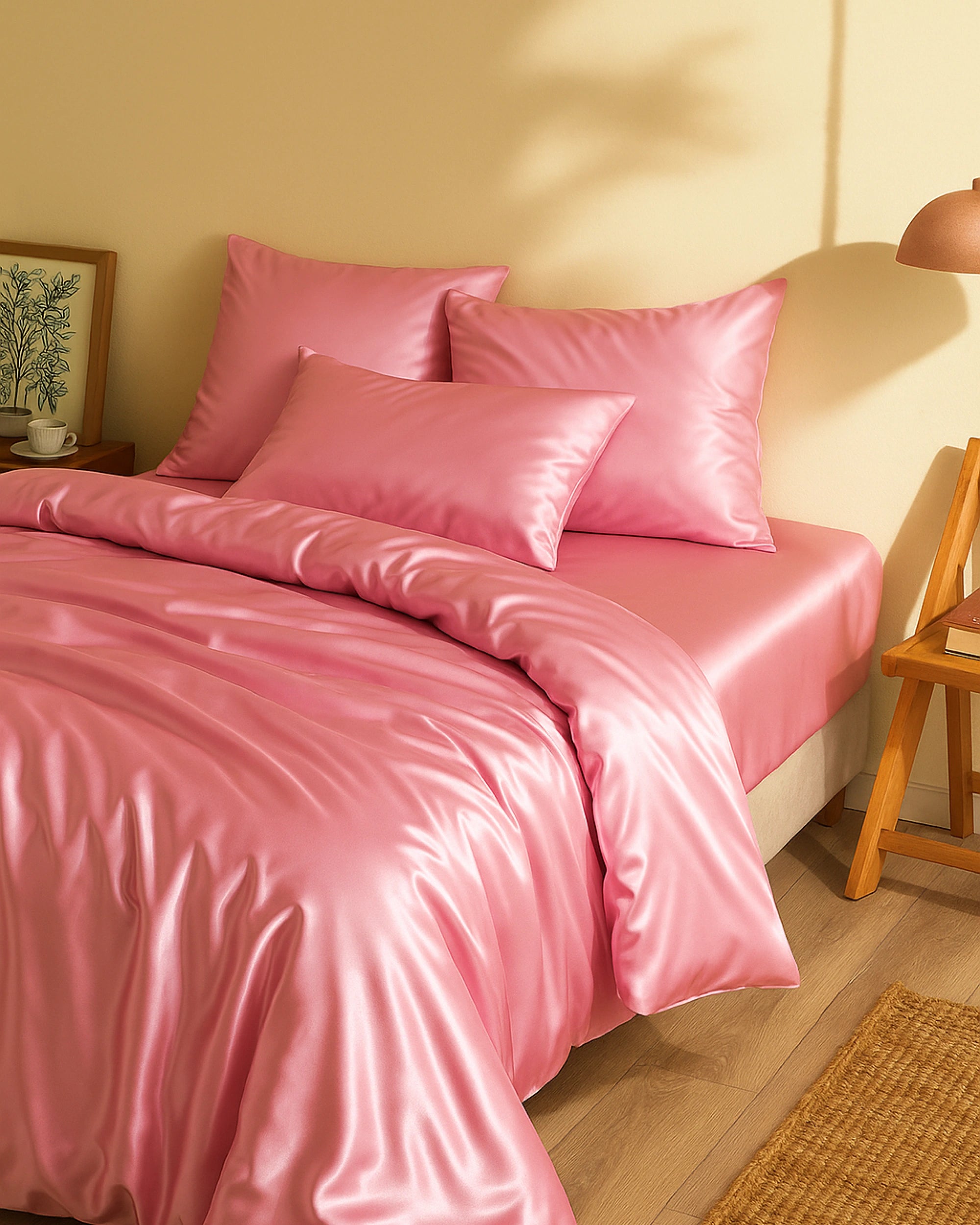 Silky smooth Blossom Pink satin fitted sheet combining style, comfort, and restful sleep.