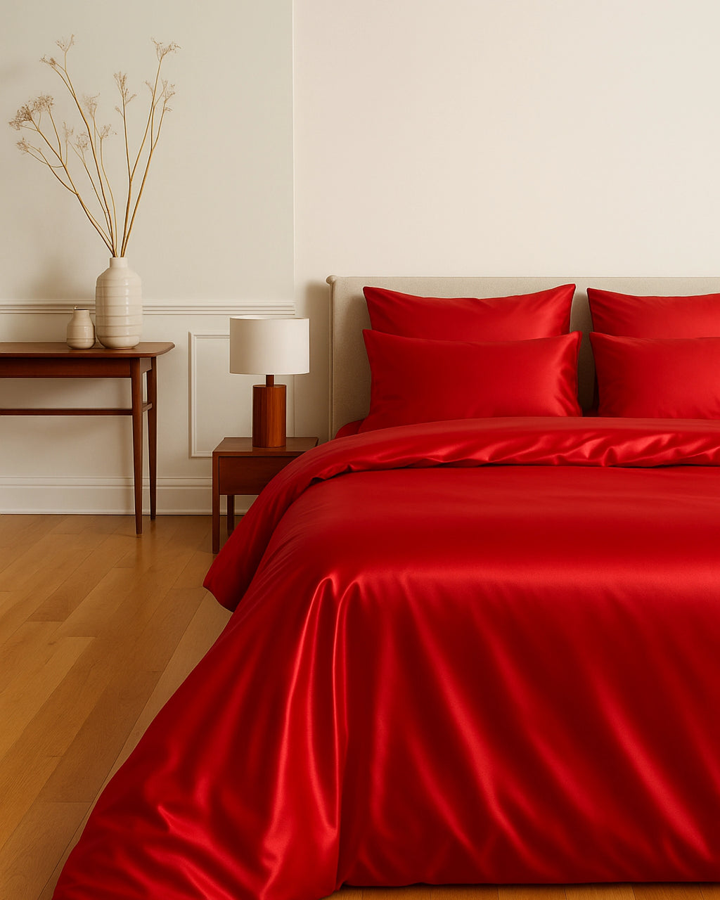 Silky smooth Imperial Red satin fitted sheet combining style, comfort, and restful sleep.