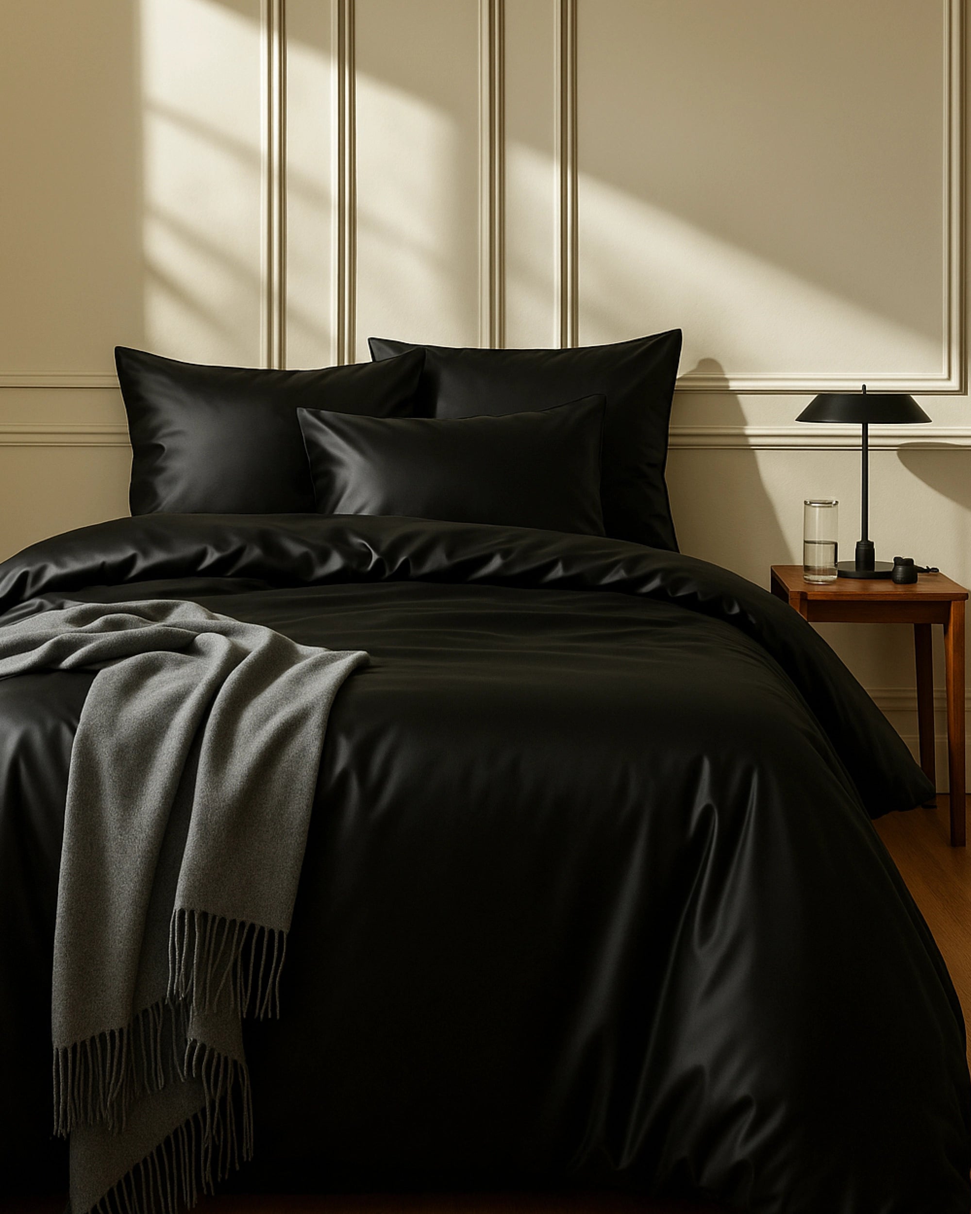 Luxurious black velour satin fitted sheets on a stylish bed with matching pillows and a cozy throw blanket.
