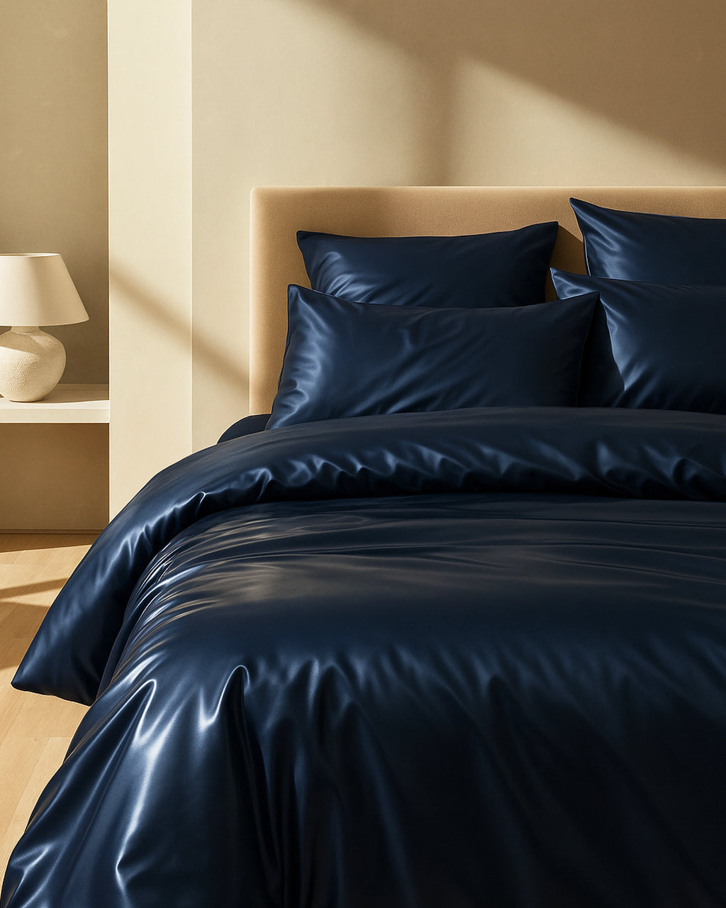 Luxurious midnight blue satin full bedding set with silky sheets and matching duvet on a stylish bed.