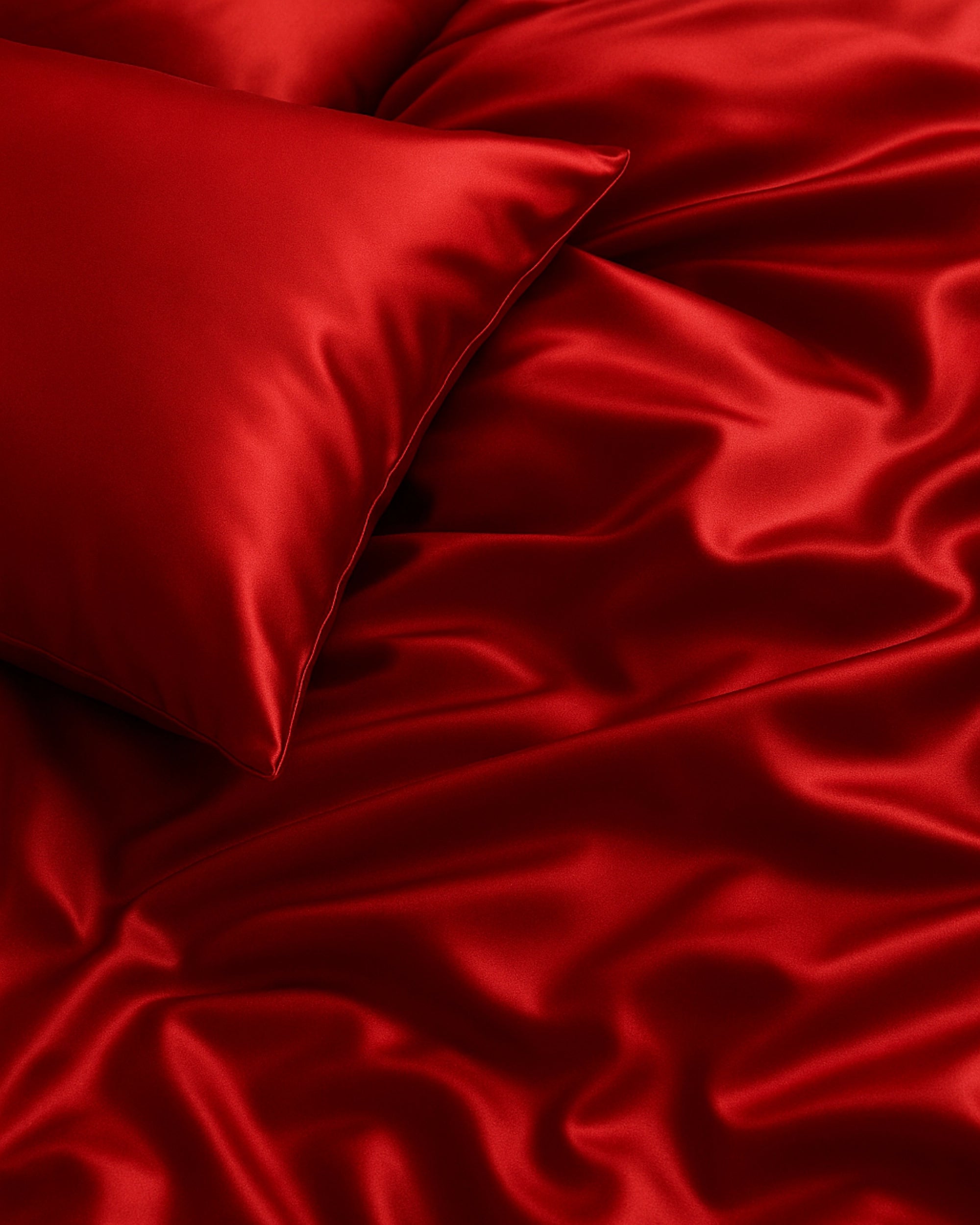 Elegant Imperial Red satin fitted sheet designed for a chic and cozy bedroom look.